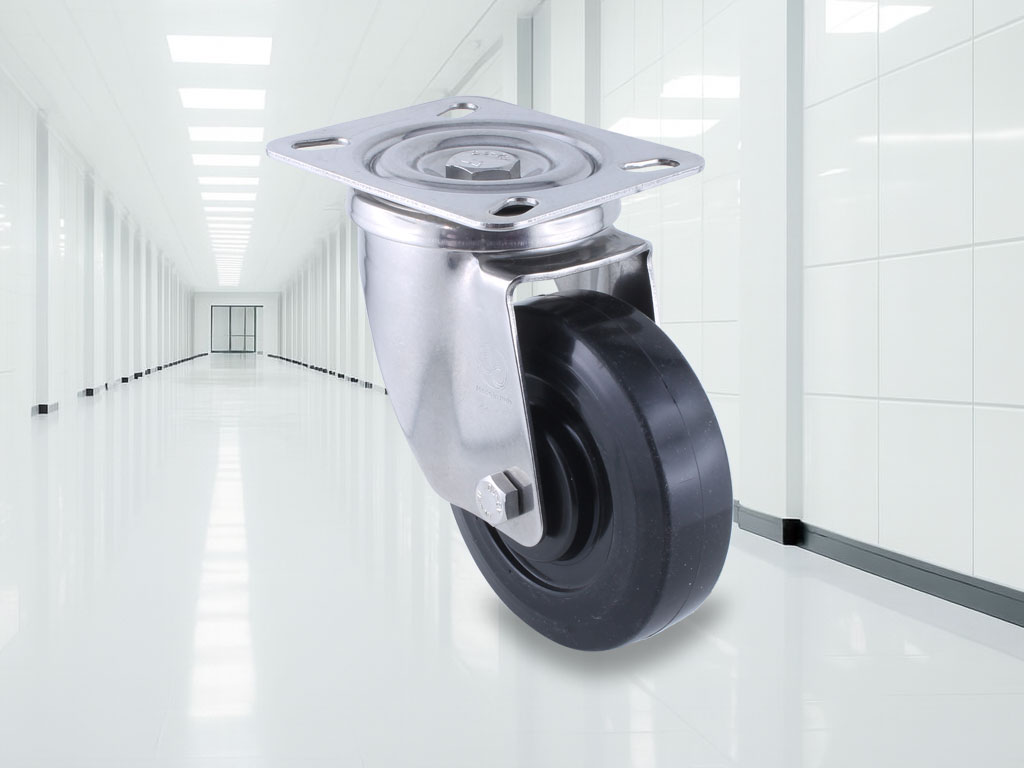 Hygienic castor with black rubber wheel, top plate