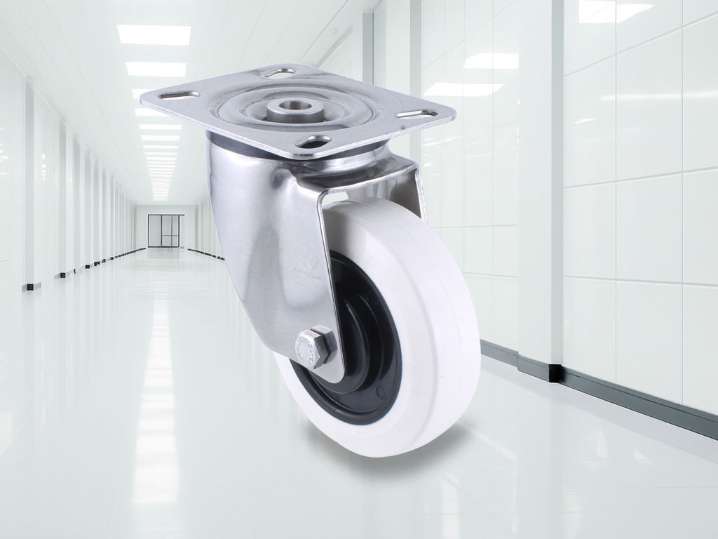 Hygienic castor with white rubber wheel, top plate