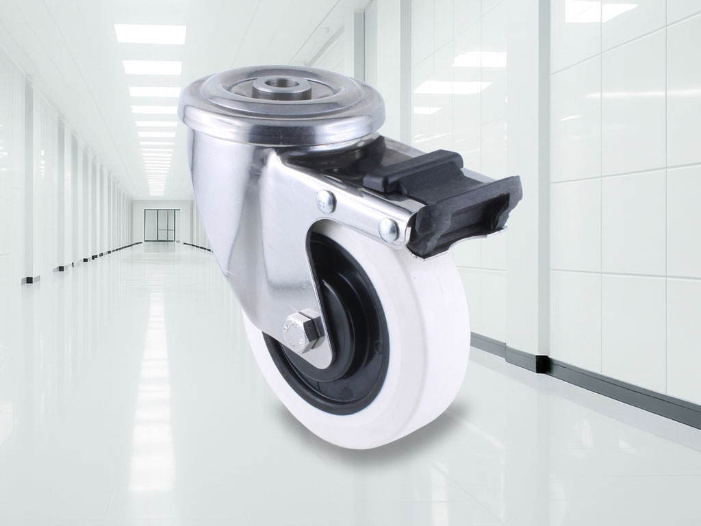 Hygienic castor with white rubber wheel, bolt hole